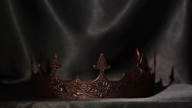 Vintage Men's Crown in Dark Bronze, Royal Medieval Jewelry with Dramatic Lighting. Close-up of a vintage men's crown in dark bronze with intricate ornamental details
