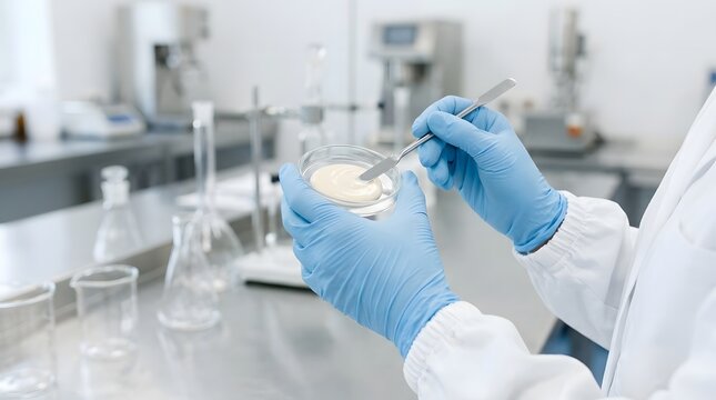 Scientist Using Tweezers to Examine Cream Sample in Petri Dish