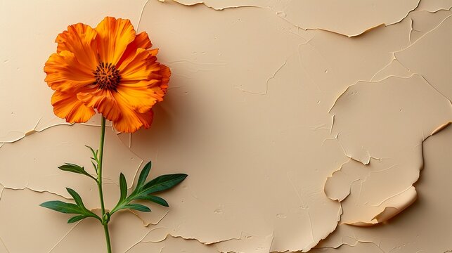 Light Cream Background with Single Orange Marigold Flower Corner Decoration