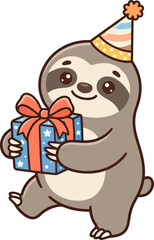 Fototapeta premium Cute Cartoon Sloth Wearing Party Hat Holding a Birthday Gift