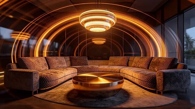 Luxury circular sofa in modern lobby with ring chandelier and glass wall