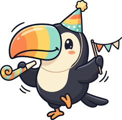 Fototapeta premium Cute Cartoon Toucan Celebrating with Party Hat and Colorful Beak