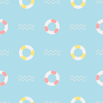 Seamless Pattern with Lifebuoy Rings, Ocean Waves and Sea water colors