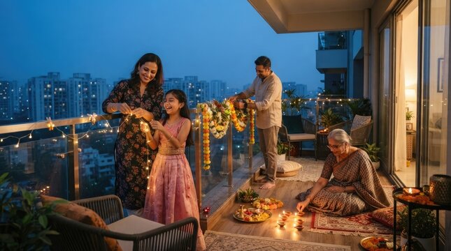 Indian family decorates balcony with fairy lights and marigold garlands for diwali celebration over city skyline.