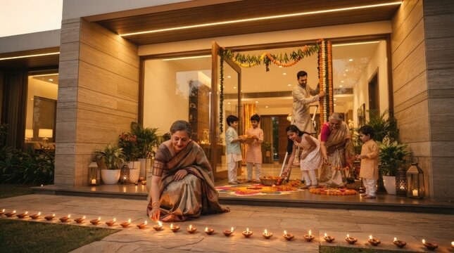 Family lights diya lamps during diwali festival evening at home entrance decorated with colorful marigold flowers.