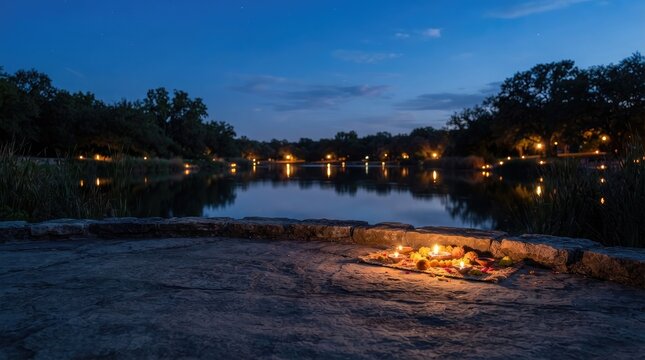 Lit clay diya lamps with marigold flowers placed on stone edge near tranquil lake during peaceful evening festive time.