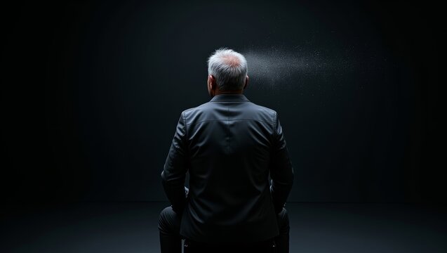 Senior man sitting with back to camera, facing a bright light, representing interrogation or deep thought