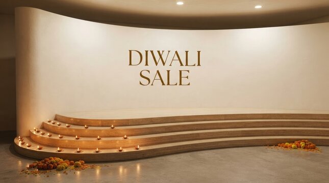 Minimalist diwali sale podium display features glowing clay lamps with orange marigold flowers for festive marketing.