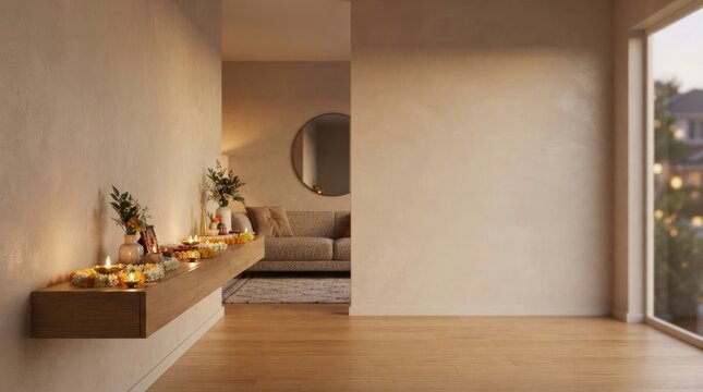 Calm interior home shrine setup includes glowing diyas and marigold garlands on sleek wooden console for indian home.