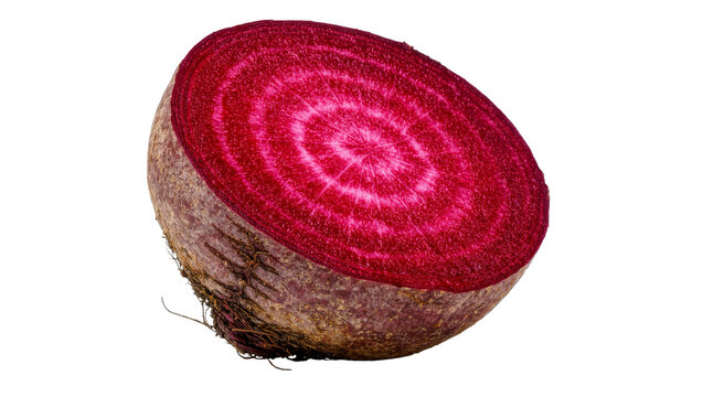 Half cut beetroot with concentric rings of vibrant pink and deep red, isolated on transparent background