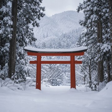 a red torii gate stands in a snowy forest