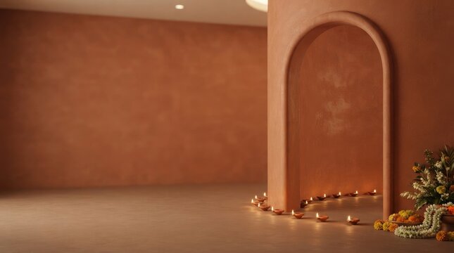 Minimalist earth tone plaster wall interior featuring arched entryway with traditional clay oil lamp diya decorations.