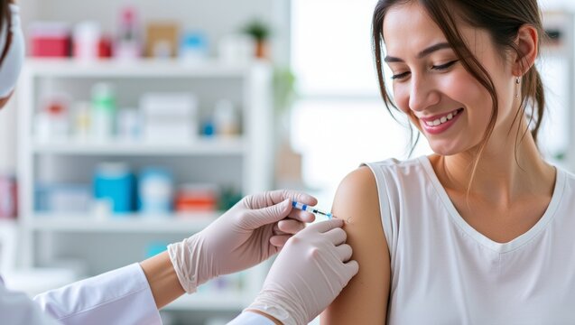 Young woman smiling while receiving a vaccine shot, promoting health and immunization in medical clinic