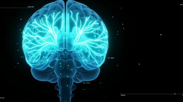 3D digital medical illustration of a glowing blue human brain with a diagnostic interface overlay against a black background.