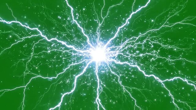 Intense electrical discharge flashing across a green screen. Realistic lightning bolt with sparks, ideal for visual effects and compositing