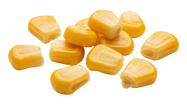 Golden yellow corn kernels scattered, isolated on transparent background