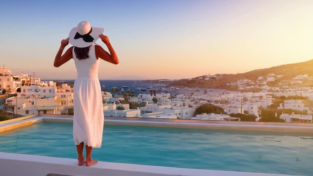 A elagant woman in a white dress standing by the pool looks at the island of Mykonos, Cyclades, Greece, during summer sunset time