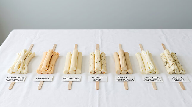 Seven varieties of string cheese arranged in a row with descriptive labels on a white tablecloth
