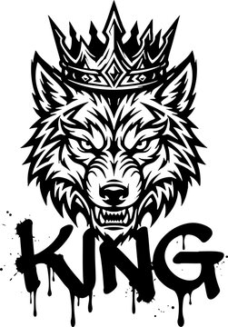 Aggressive Wolf Wearing a Crown with Graffiti King Text
