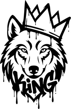 Black and White Urban Graffiti Wolf Head Wearing a Crown