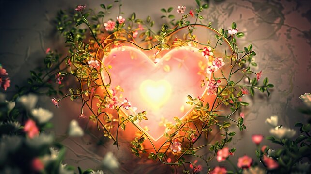  Glowing Heart Surrounded by Pink White Blossoms and Elegant Green Vines Floral Design
