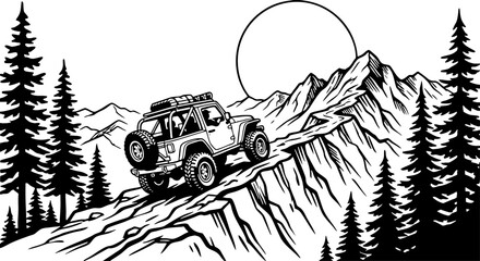 Naklejka na ściany i meble Off-road 4x4 vehicle driving on mountain ridge adventure illustration