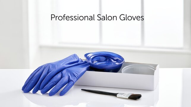 Blue professional salon gloves next to a brush and an open container, set on a white surface with natural light in the background.