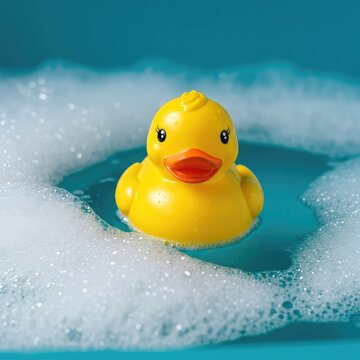 Bright yellow toy duck floating calmly in a tub of clean water surrounded by gentle white foam and bubbles ready for relaxing bath time ,tub ,close up ,simple