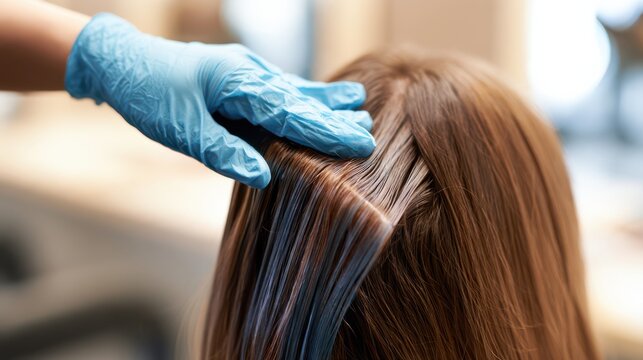 A person wearing blue gloves applies hair dye to brown hair strands at a salon.