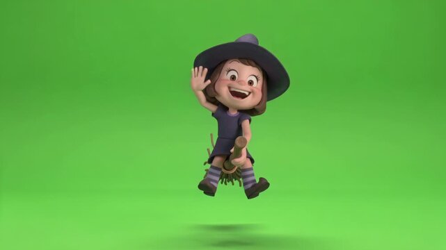 Adorable 3D Cartoon Witch Girl cheerfully gliding on a rustic magic broomstick, giggling and waving, on a bright green screen background