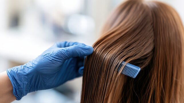 A person wearing blue gloves combs through wet brown hair in a close-up salon or hair treatment setting.