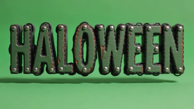 Bulky Halloween Text, featuring distressed green worn leather texture, studded with silver staples and detailed black stitches, gently pulsing