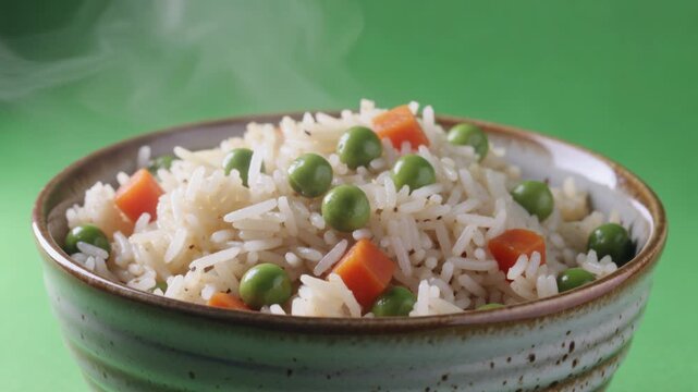 Steaming Indian Pulao, basmati rice, green peas, orange carrots, vapor rising from rustic ceramic bowl, isolated on bright green screen