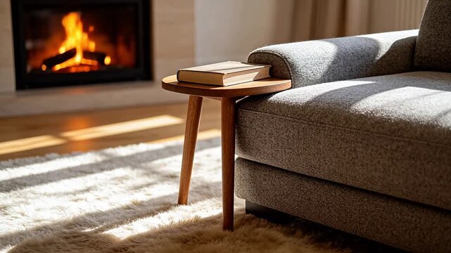 Cozy living room with sofa fireplace and sunlight shadows