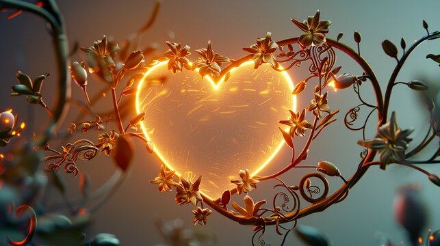  Glowing Heart Surrounded by Pink White Blossoms and Elegant Green Vines Floral Design