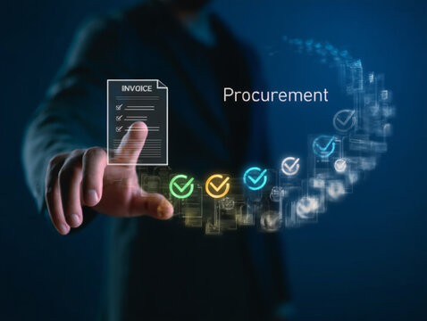 Businessman touching digital procurement icons showing invoice approval and checklist process.