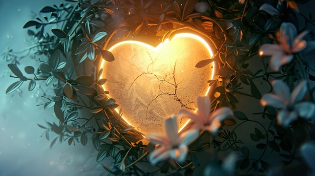 A glowing empty heart in the center with intricate floral vines wrapping around it. 