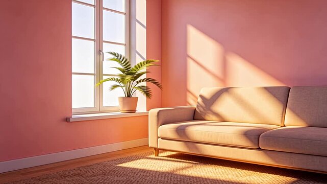 Cozy pink bedroom interior with green plant on windowsill