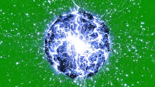 Fantastic visual effect of a powerful blue electric sphere of energy exploding and imploding with sparks and lightning on a green screen