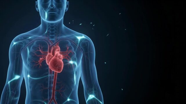 3D medical animation video footage of the human circulatory system showing the heart and blood vessels on a dark background