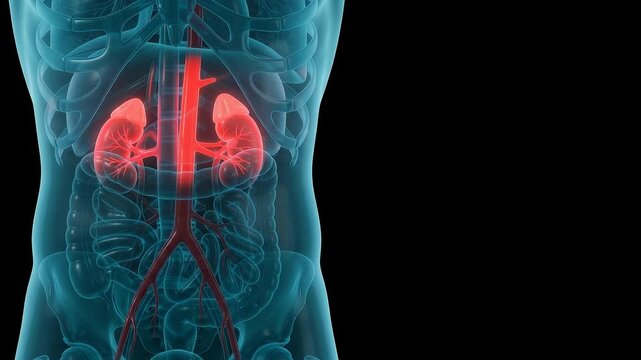 Medical 3D animation of a transparent human torso showing the abdominal aorta and internal organs against a dark background.
