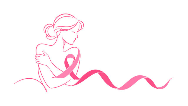 Pink ribbon breast cancer awareness vector illustration of woman embracing herself in continuous line art for medical health campaign