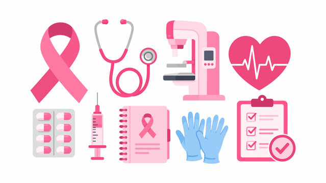 Breast cancer medical equipment icon set vector including mammography machine stethoscope syringe pills and pink ribbon for oncology screening concept