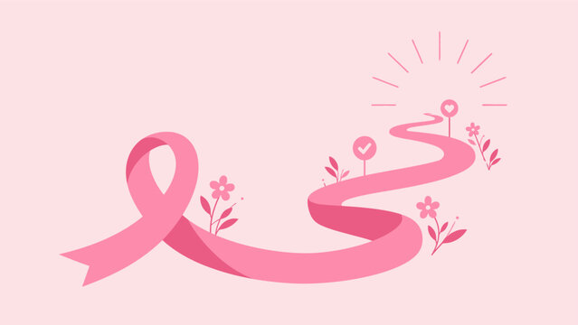Breast cancer recovery road concept vector illustrating pink ribbon path leading to sunrise with flowers representing hope and survivor journey