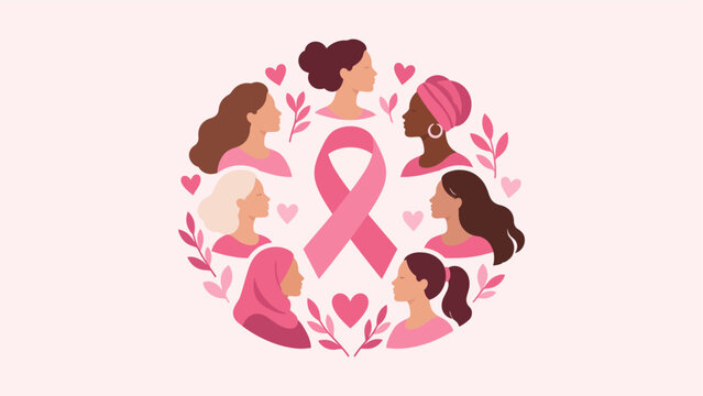 Diverse women profile circle around pink ribbon representing global breast cancer community and solidarity