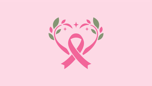 Breast cancer awareness pink ribbon forming heart shape with healing leaves for wellness support emblem