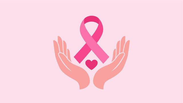 Breast cancer awareness support concept featuring hands holding pink ribbon and heart for oncology health campaign