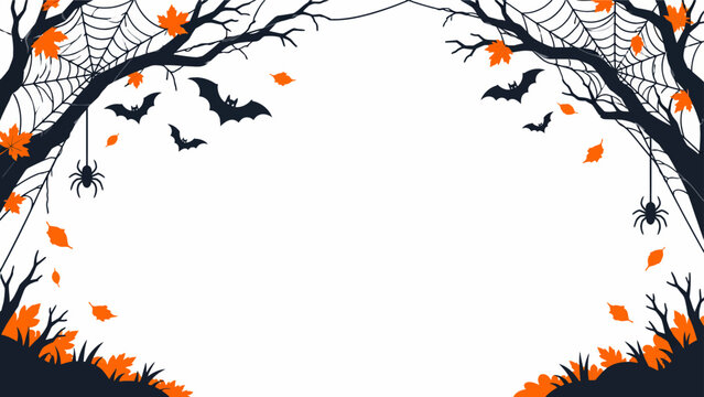 Halloween border frame template featuring spooky tree silhouettes bats and autumn leaves around empty copy space