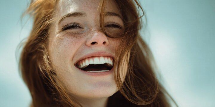 Close up face portrait smiling woman, red hair, vibrant freckles laughing joyfully while her long hair blows wildly in gentle outdoor freedom breeze, wind under bright sunny sunlight with blue sky