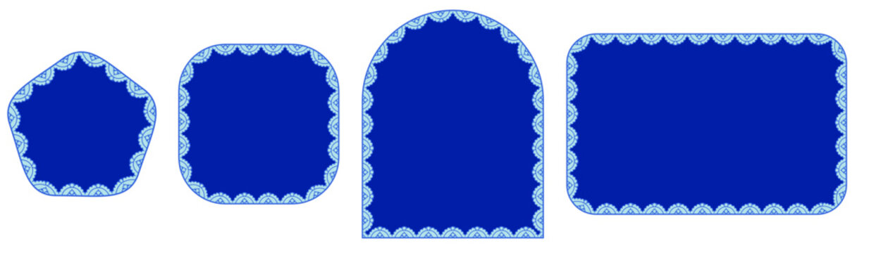 Cobalt pearl scallop lace frames outline pentagon, square, arch plus rounded rectangle borders on white as ornate Victorian textile trim for wedding invitations or craft label cards.